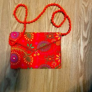 Boho clutch bag Tibetan embroidered brilliant colors cross body 7”X9.5” orange